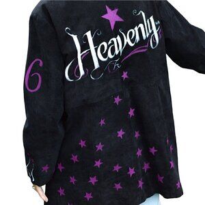 Vintage black distressed suede jacket, magenta, purple  hand painted stars sz XL